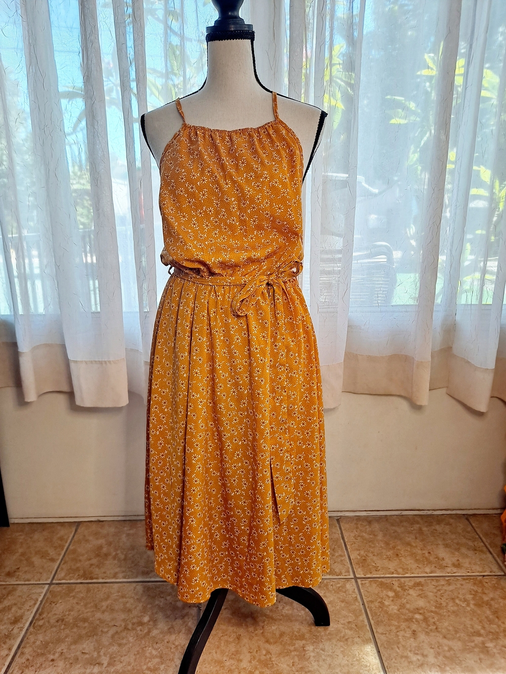 SHEIN Mustard Yellow Floral Dress with Tie Waist